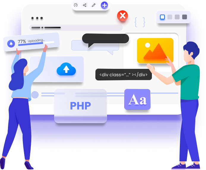 Web developers build a website interface with PHP, UI elements, and image optimization